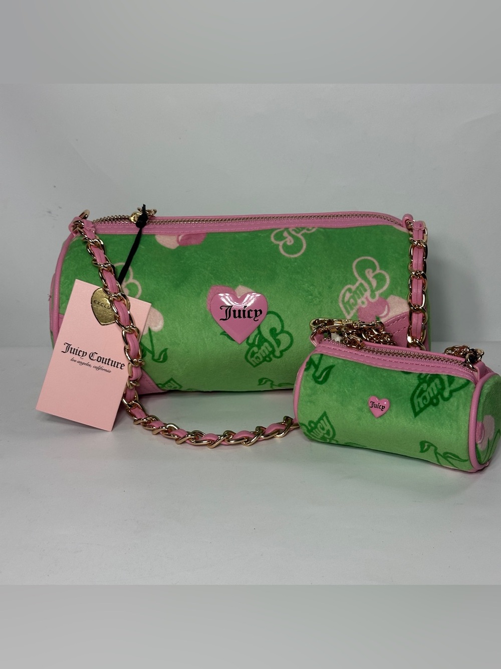 Juicy Couture Retro Green & Pink Heritage Cherry Barrel ShoulderBag W/Coin Purse